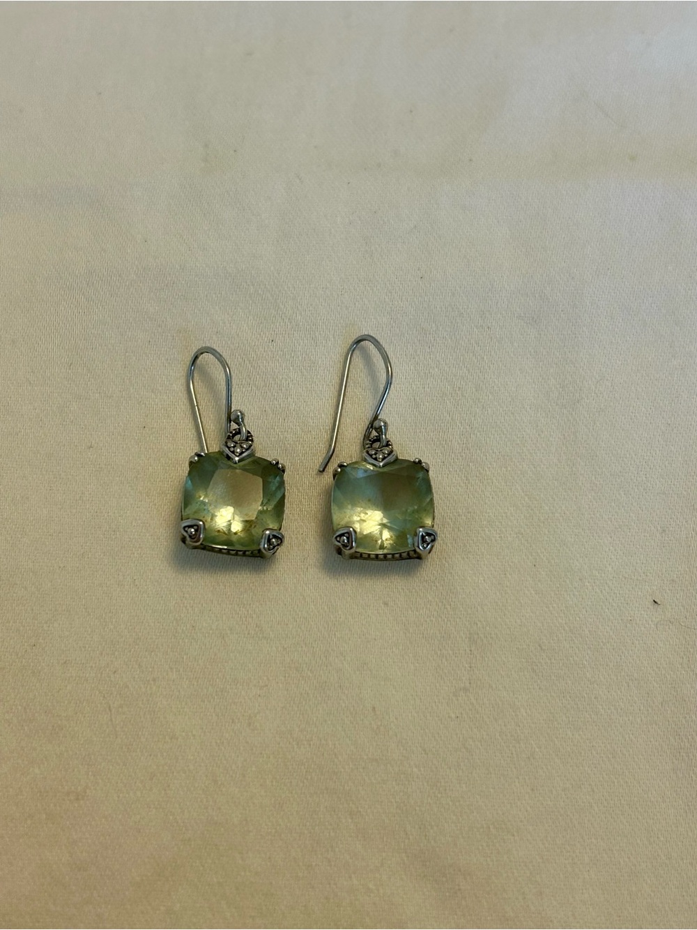 Sterling Silver Green Cushion Drop Earrings - Unbranded